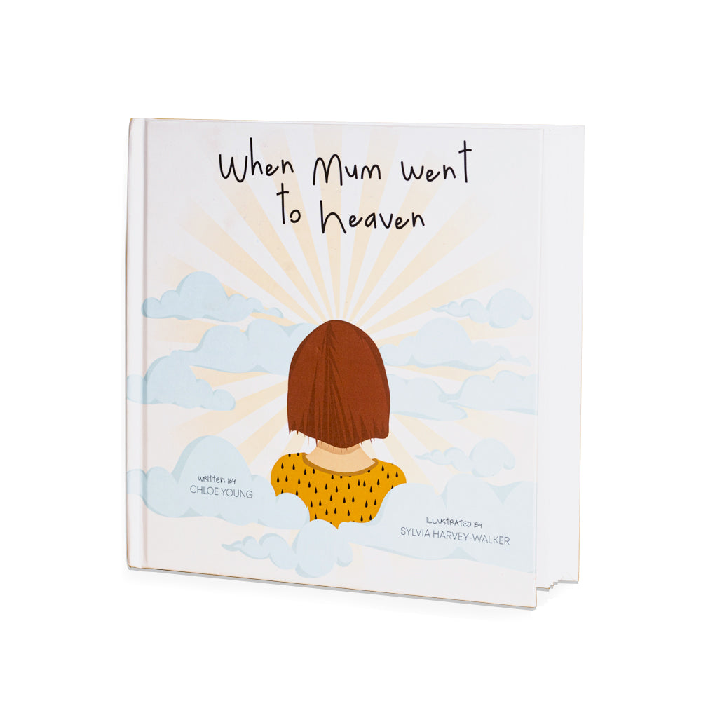 Image of a mum facing towards a sunset with white clouds. With the heading text "When Mum Went to Heavan" along the top of the image