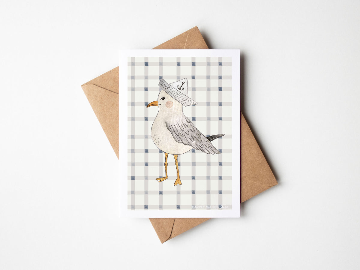 Gingham Seagull_ Greeting Card