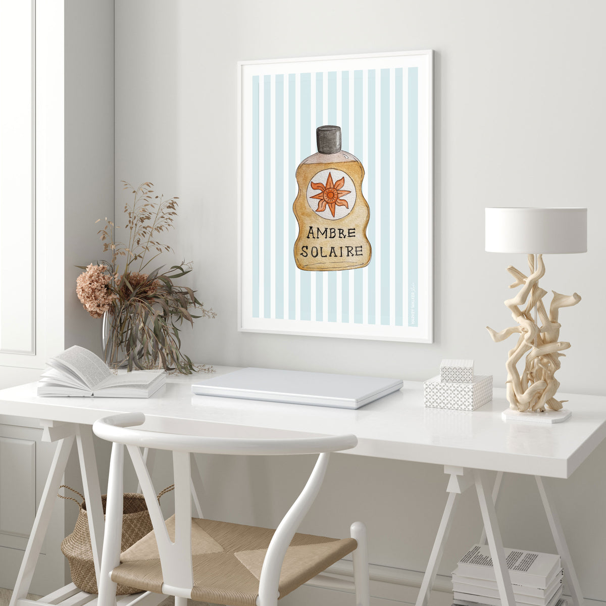 Modern coastal office print. Bring a pop of colour and motivation into the office with this blue and white stripe print with boho vintage suncream bottle in beige and tan.
