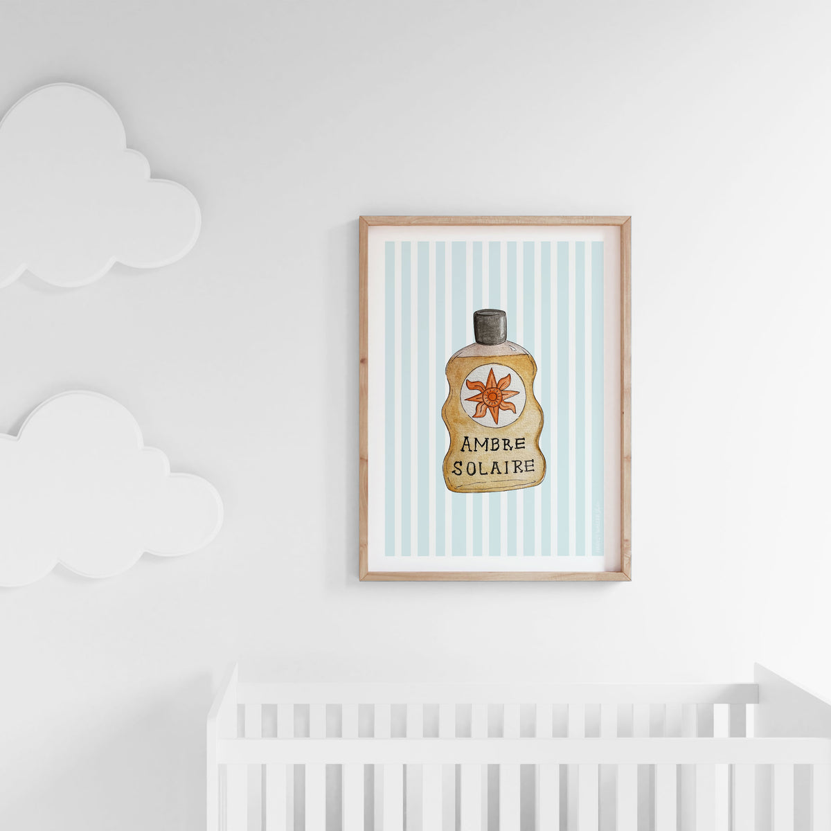 Modern coastal print of vintage sunscreen bottle, with blue and white stripe pattern behind. Tan and blue colourway. Displayed in modern coastal baby&#39;s room