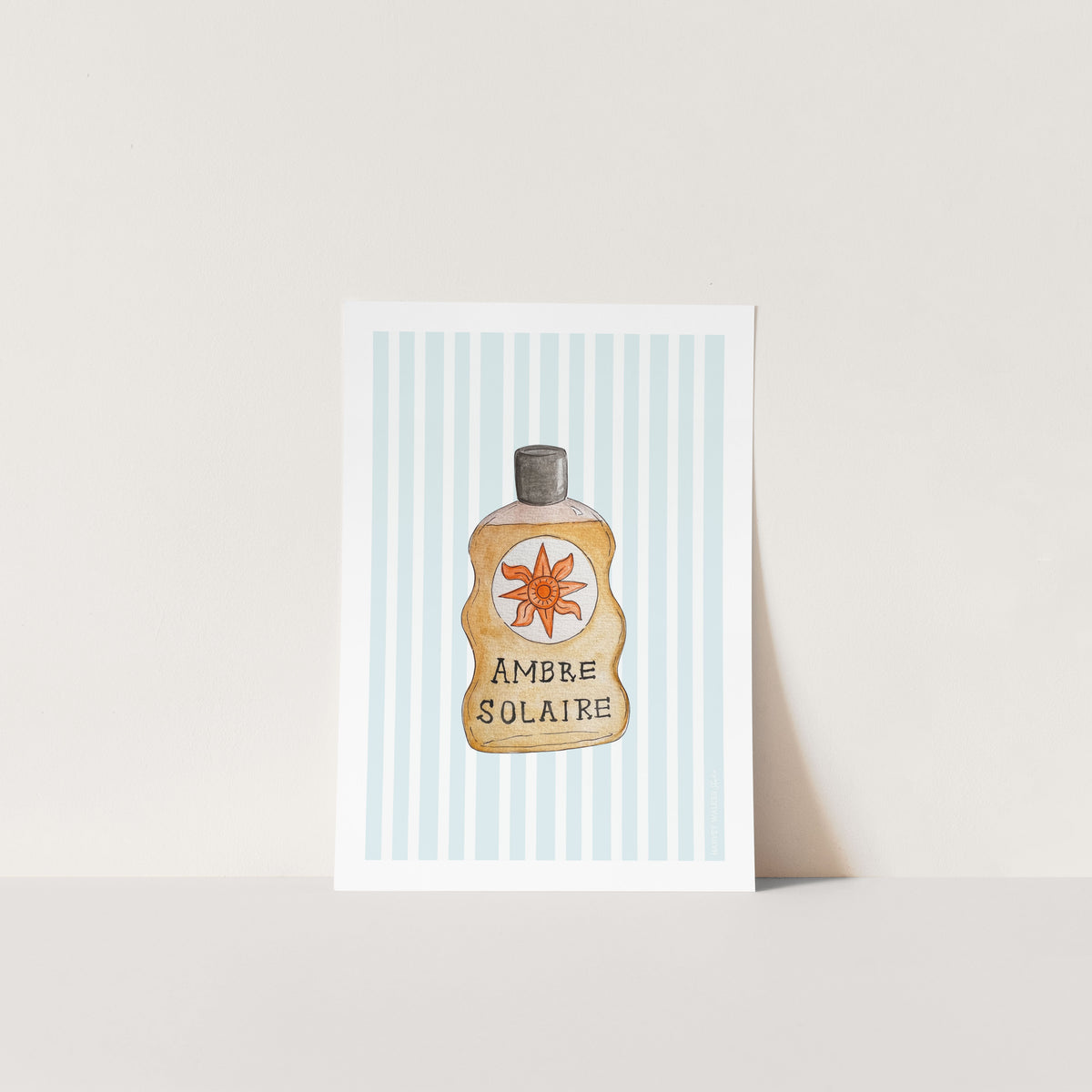 Unframed fine art print on giclee textured paper. Image of vintage suncream bottle, ambre solaire withe blue and white stripe background.