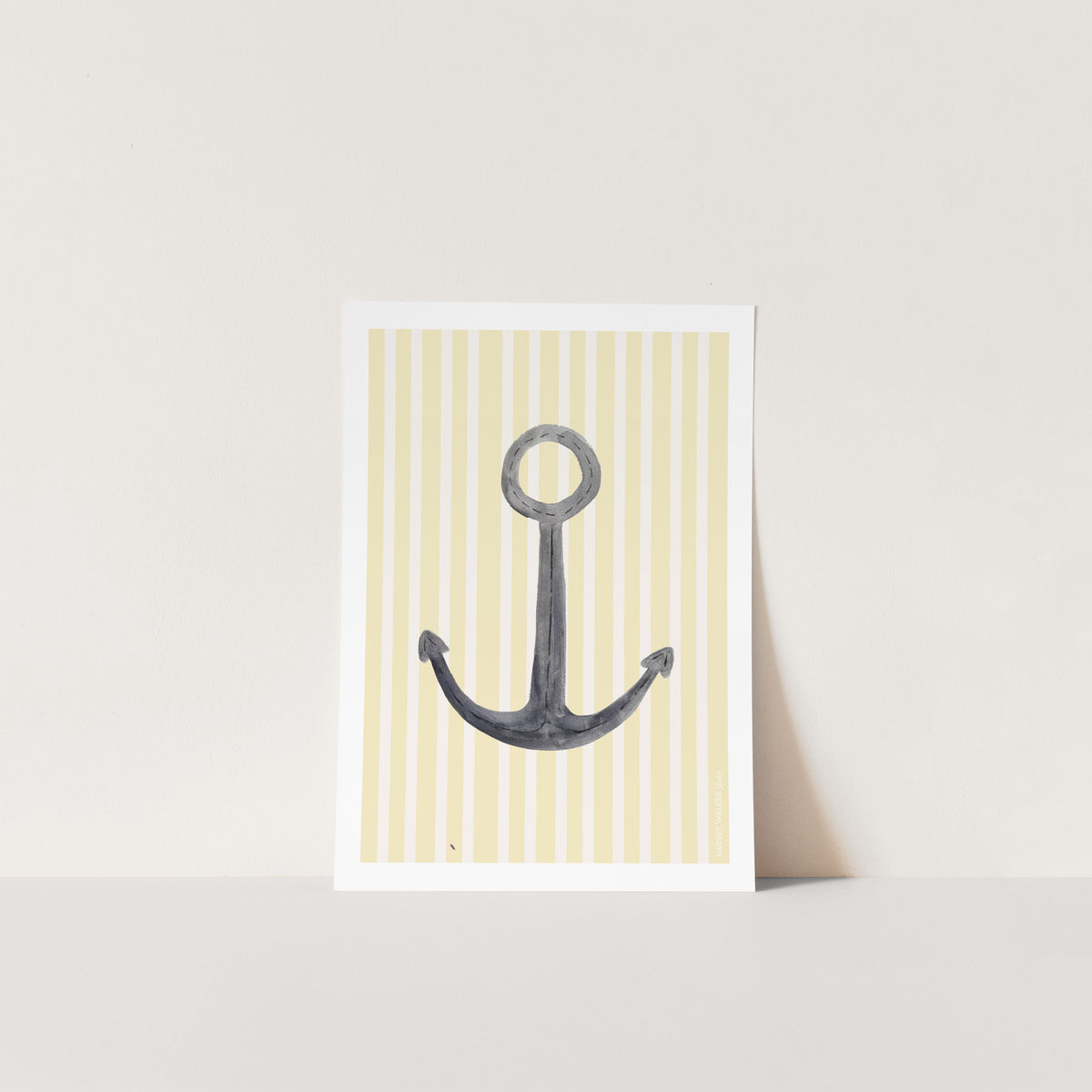 unframed fine art nautical anchor print. Printed on giclee textured cotton rag 310g, with yellow and white stripe background. classic anchor watercolour illustration.