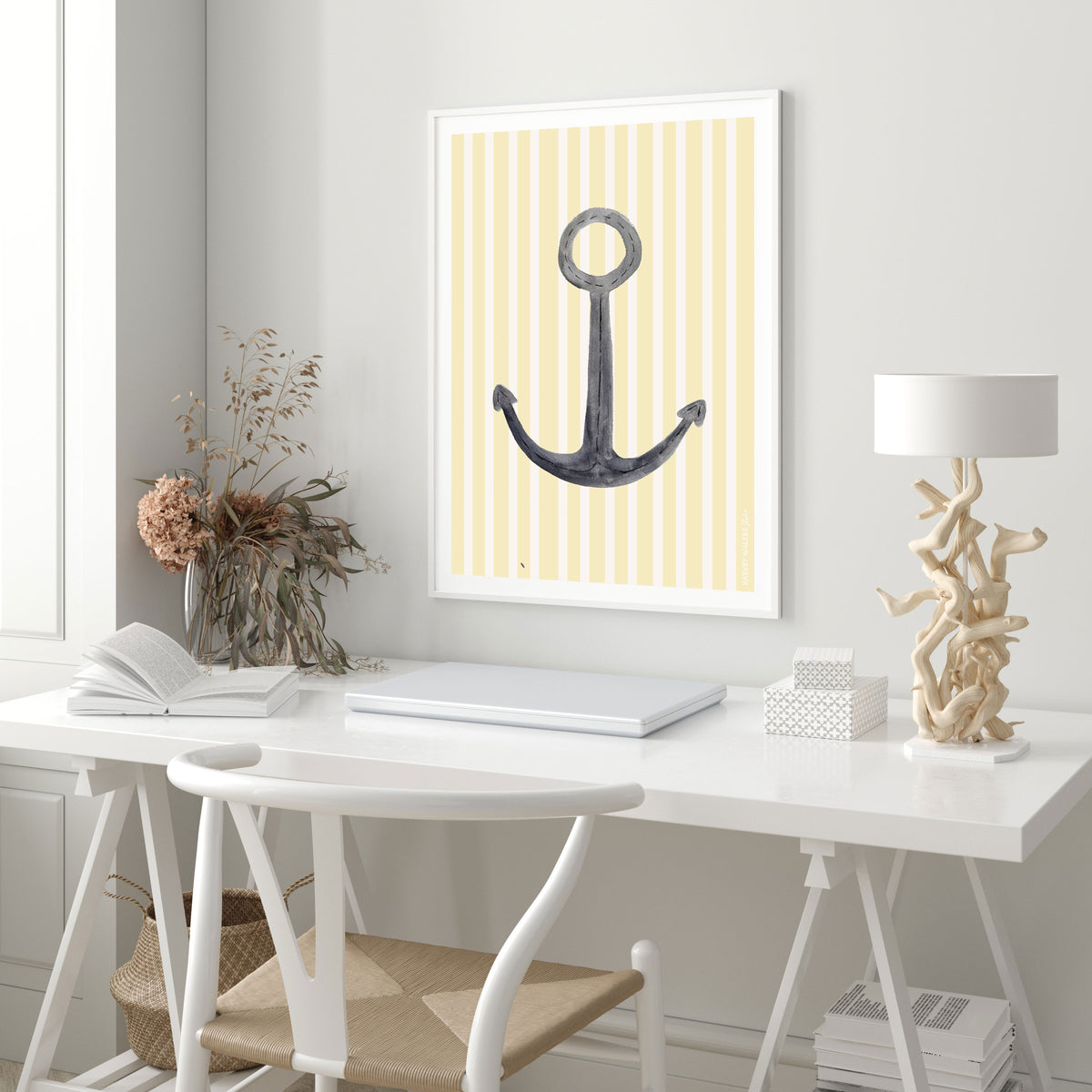 beautiful A1 office print of soft yellow and white stripes positioned in modern coastal office.