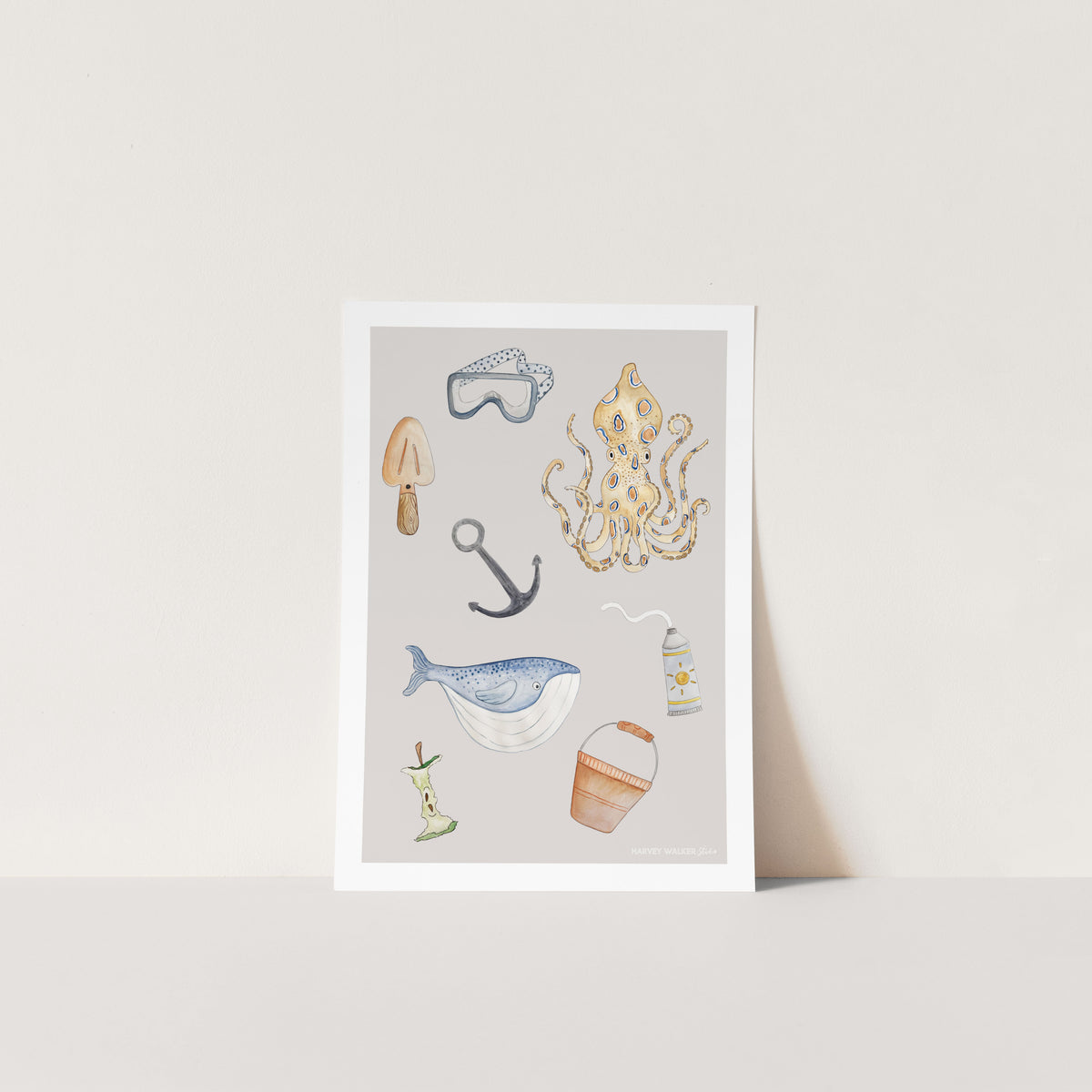 Unframed coastal print of hand illustrated beach adventures and discoveries. Including images of an octopus, goggles, whale, bucket. Great gift for a present for a baby or timless and fun print for kids rooms.
