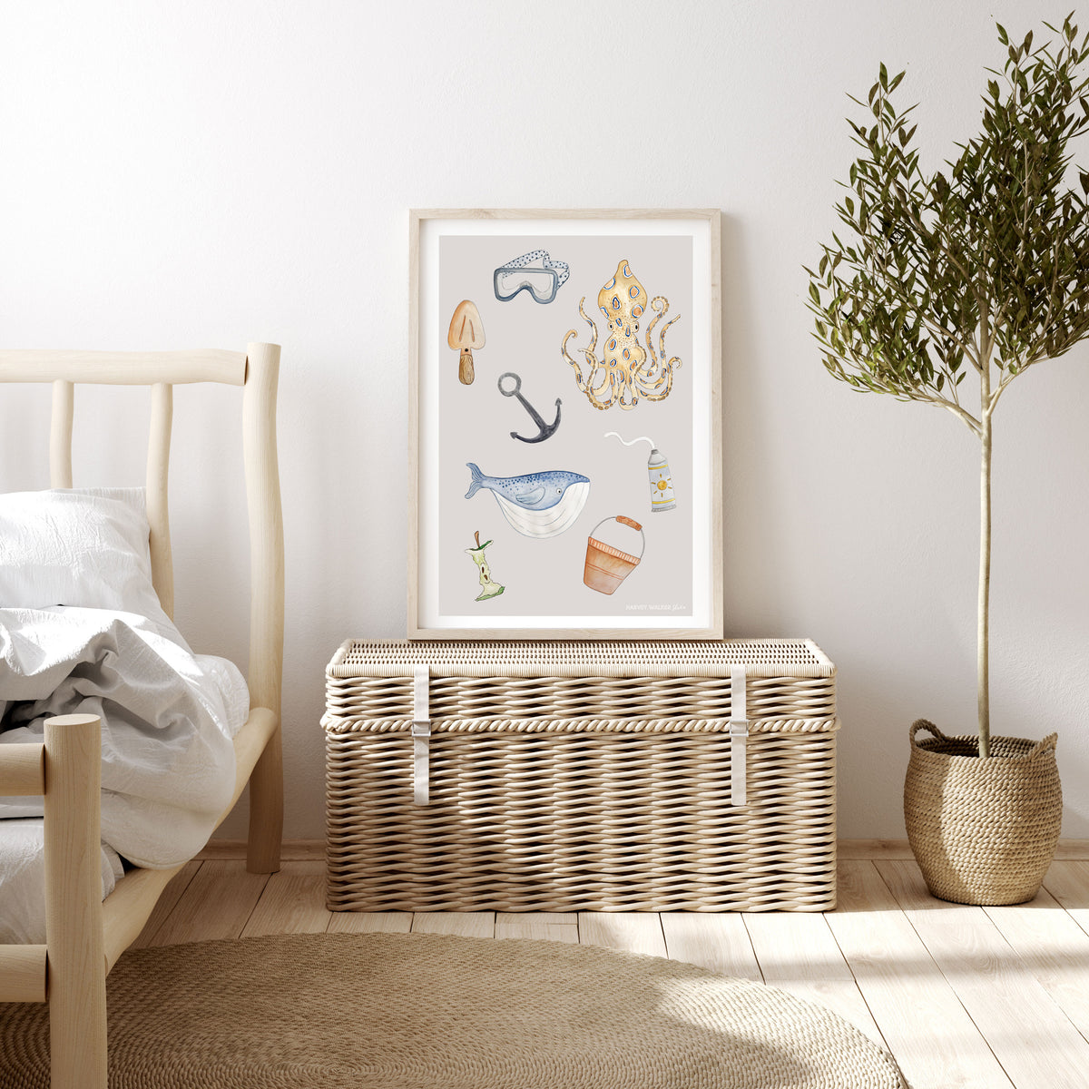 Image of coastal holiday beddroom with wicker basket. this coastal and timless print is great for any age bedroom, boy or girl. The print features fun finds from the days on the beach.