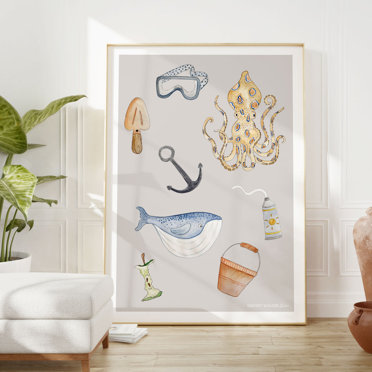 Large format beach artwork. hand illustrated on the northern beaches. Inspired by beach discovery and illustrated with watercolour paints. 