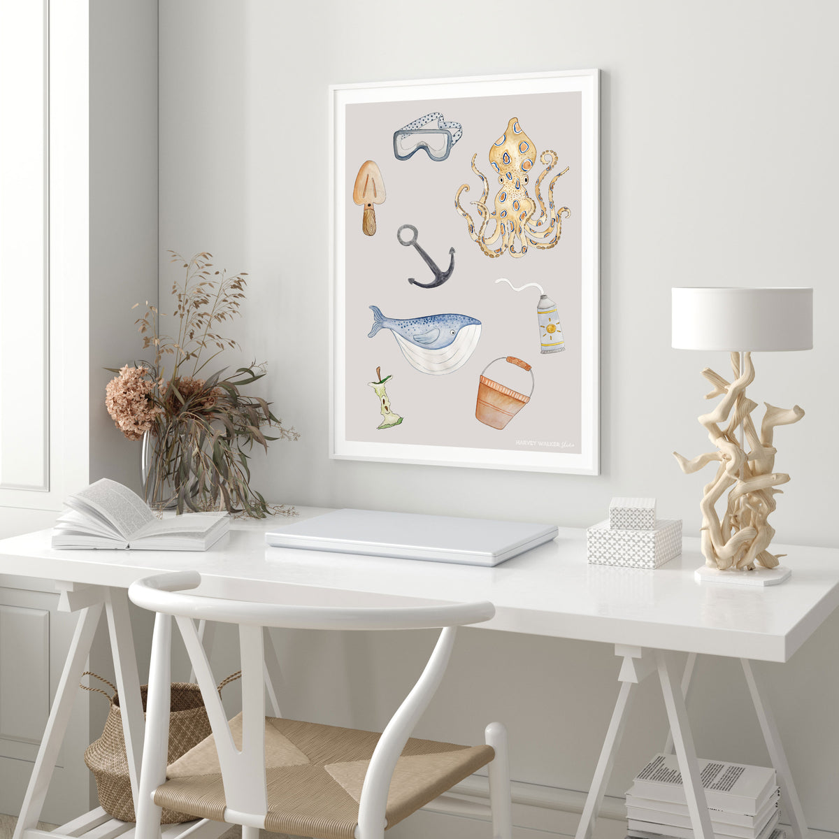 Office print framed in white frame, this coastal print will bring the beach to you in your office. Hand illustrated fine art print in neutral warm tones.
