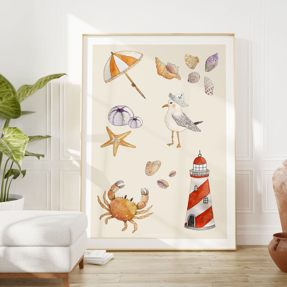 Large modern coastal print of seagulls and lighthouses. 