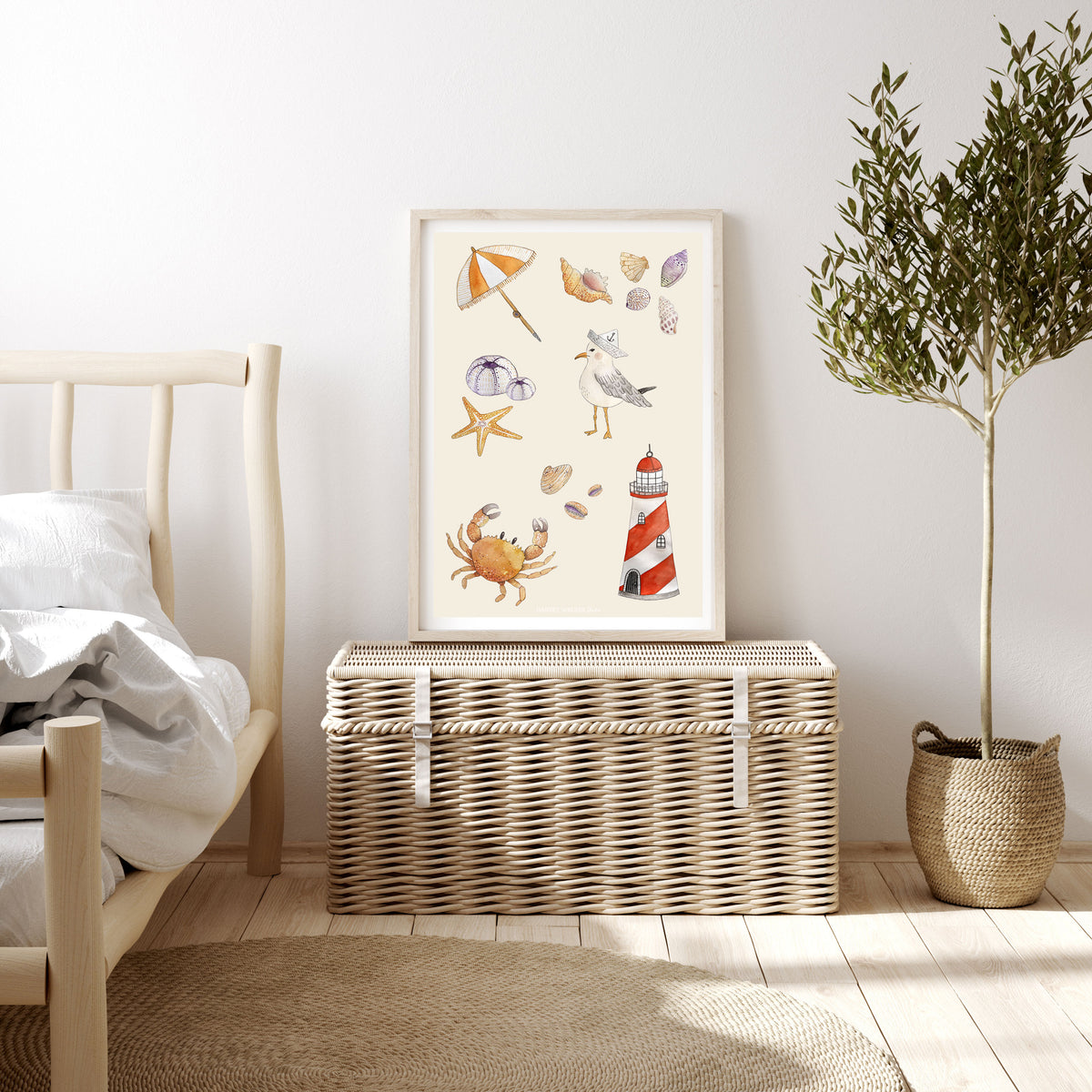 Relaxing warm beige fine art print with coastal illustrations. Hand illustrated and printed on textured cotton rag this makes a beautiful coastal print for modern homes and kids rooms 