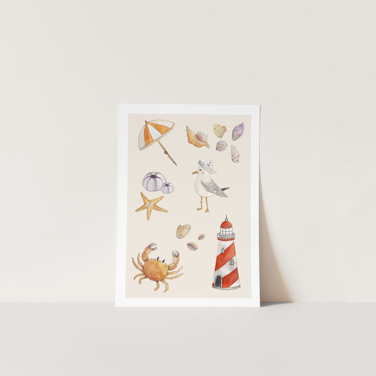 Unframed beige print with hand illustrated images of beach holiday art. Create a sense of holiday on your walls at home and feel relaxed when you look at this beautiful print.