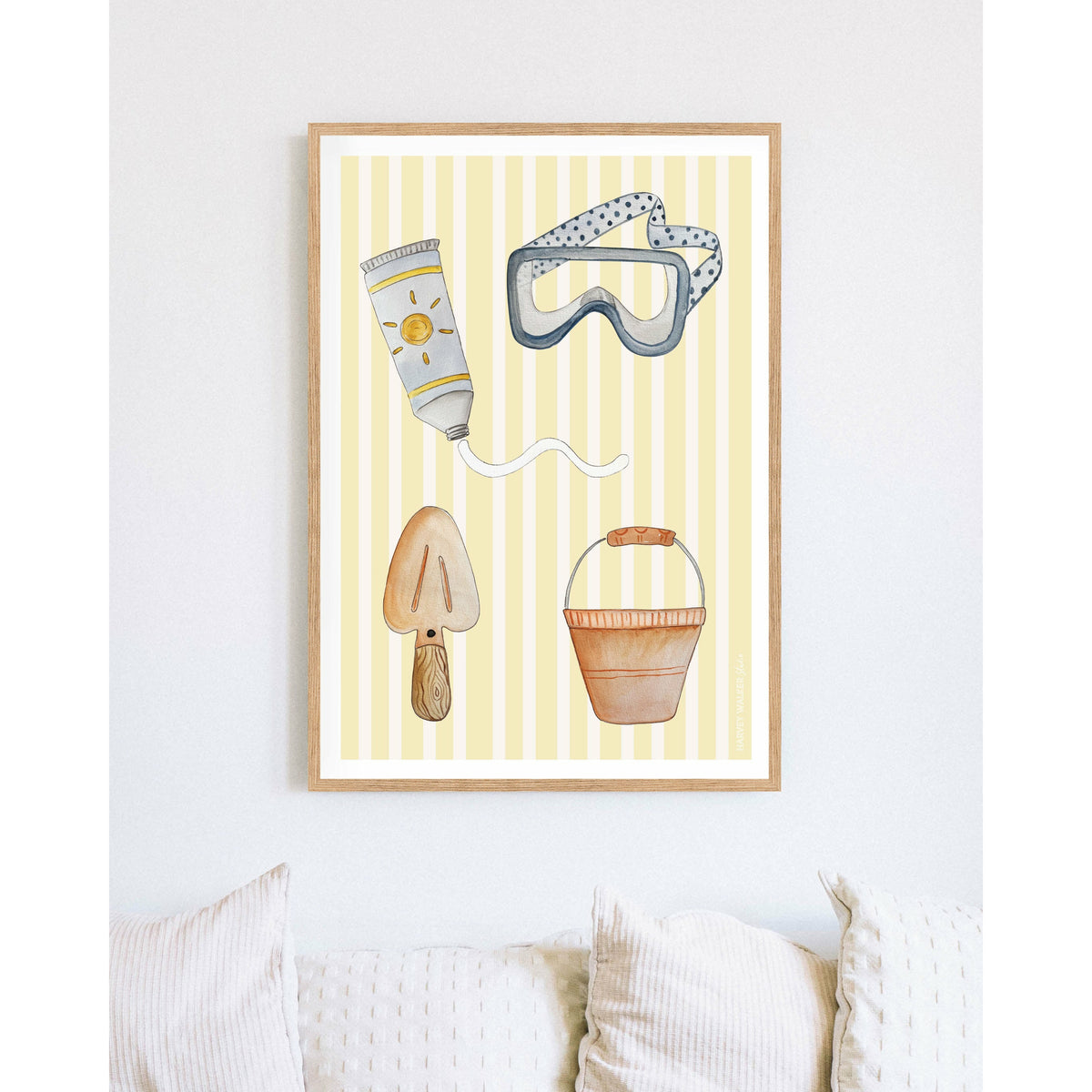 Looking for a beach print that will bring your living room to life? Bring the summer in with this fun beach ready watercolour illustration printed on textured cotton rag and presented in the finest Australian made oak frame