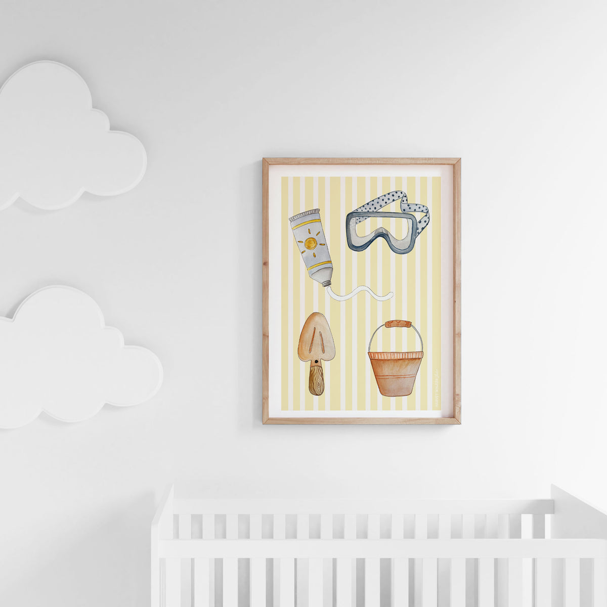 Find the perfect baby gift with this gender neutral and fun beach print. With a custom made oak frame, this beach print will look beautiful in a nursery just like this one with modern white cot and cloud lights.