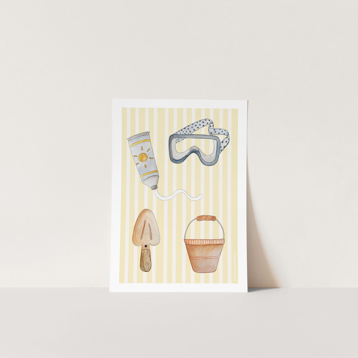 Unframed fine art print. Bring the fun into your room with this pop of colour. Beautifully hand illustrated images of goggles, suncream, spade and bucket. With bold yellow and white stripes, this classic but nautical print is perfect for kids sharing rooms.