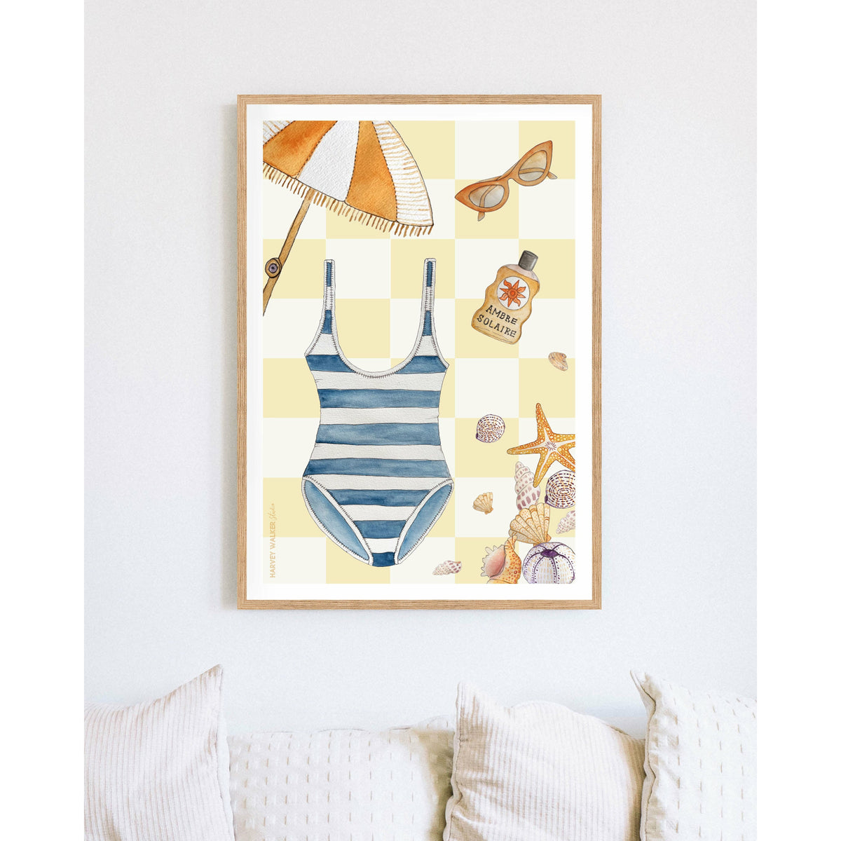 Bring your living room to life with this coastal fine art print.Retreat to the beach with this yellow and white check print. With umbrellas, swimsuits and shells this print is perfect for giving you a feeling of being on holiday every day. Lovingly hand illustrated and great renovation prints like in laundry or office areas.
