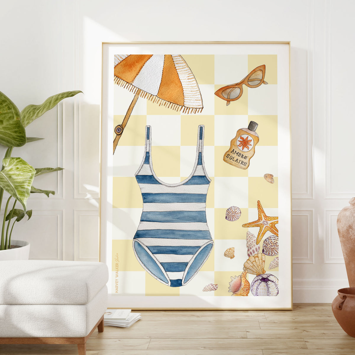Modern mid century coastal print of yellow and white check print. With umbrellas, swimsuits and shells this print is perfect for giving you a feeling of being on holiday every day. Lovingly hand illustrated and great for house warming presents.