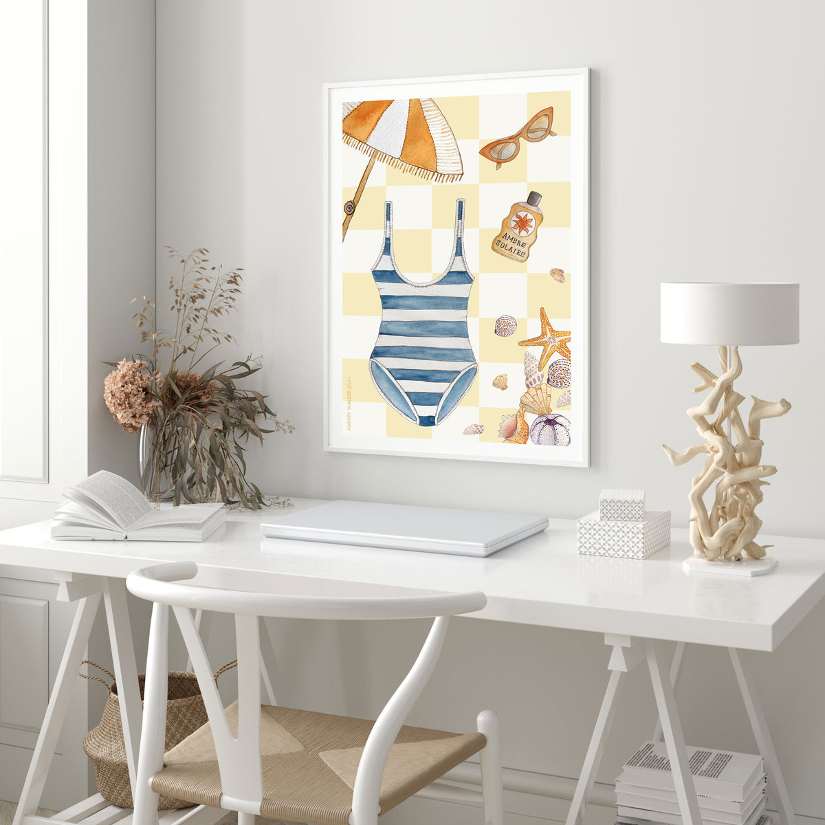 Bring your living room to life with this coastal fine art print.Retreat to the beach with this yellow and white check print. With umbrellas, swimsuits and shells this print is perfect for giving you a feeling of being on holiday every day. Lovingly hand illustrated and great for creating a coastal office mood.