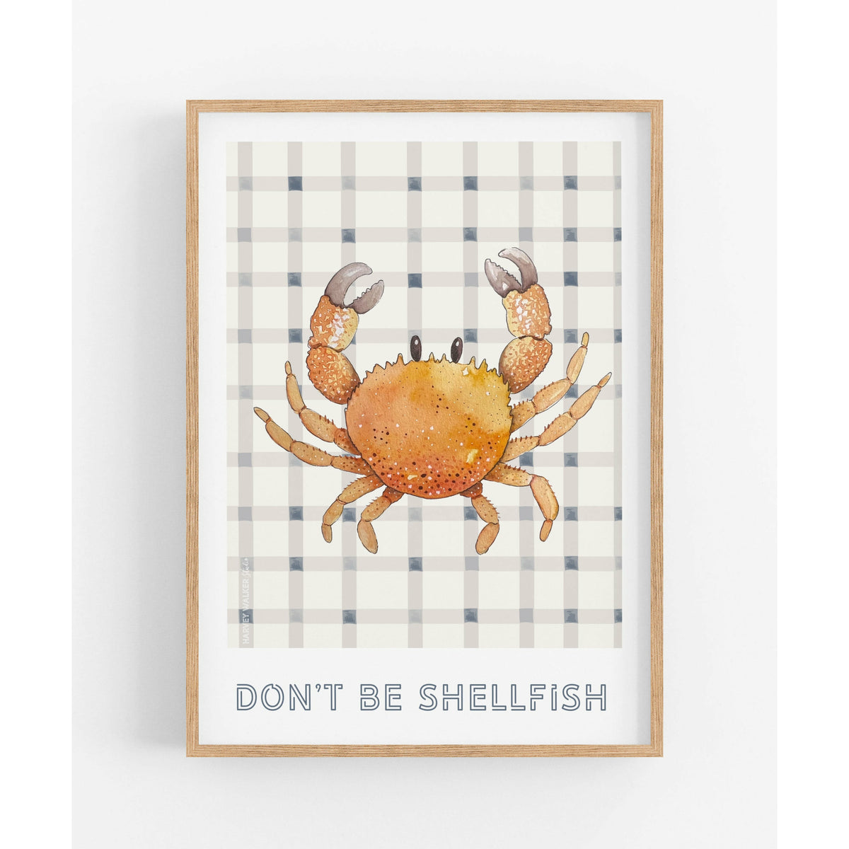 Crab illustration on textured cotton rag paper. Hand illustrated image of shellfish, with a kids quote of &quot; dont be shellfish&#39; is a great addition to any classic hamptons house or modern coastal home. The gingham has soft being and light navy colours, the crab is orange and warm grey.