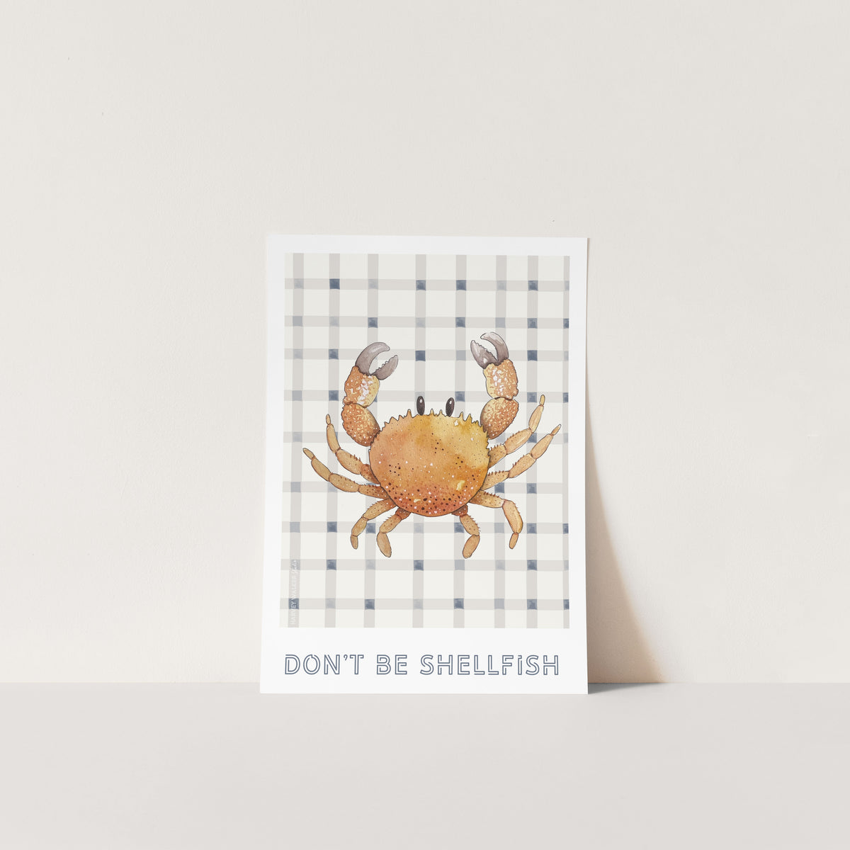 Unframed fine art print of orange crab. hand illustrated drawing of watercolour shellfish. with funny kids quote. gingham fine art print for kids rooms, perfect for gender natural spaces.