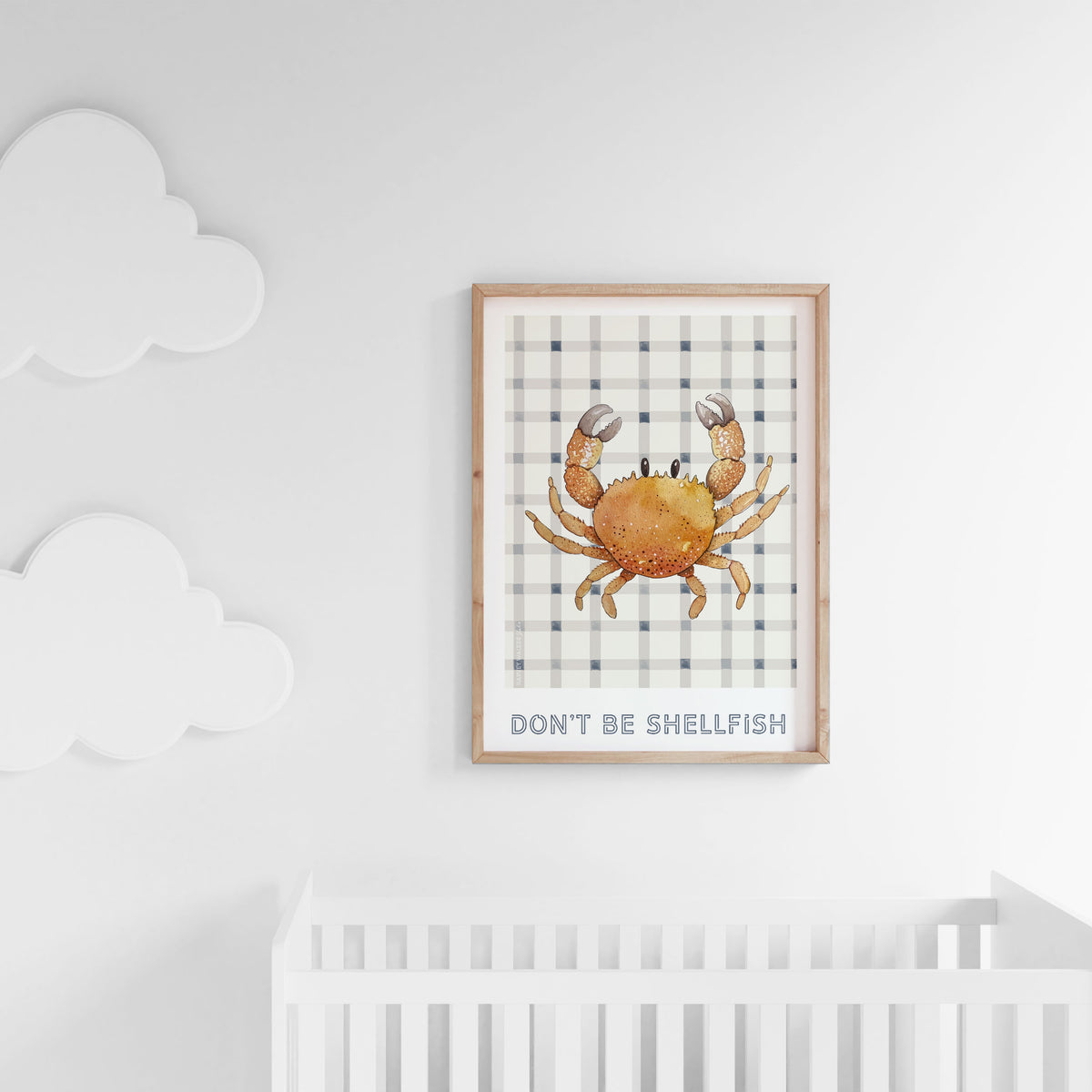 Gingham and crab watercolour print for baby&#39;s nursery, kids rooms or playrooms. Great for both girls and boys.